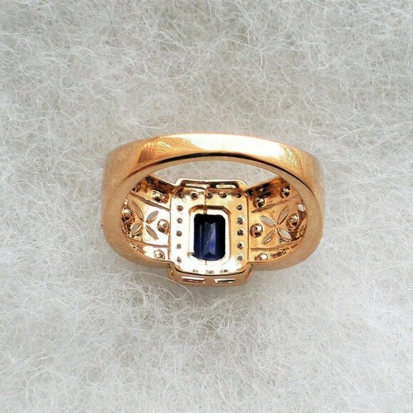 Designer 14K Yellow Gold Sapphire Diamond Halo Cluster Filigree Ring P - Picture 6 of 8